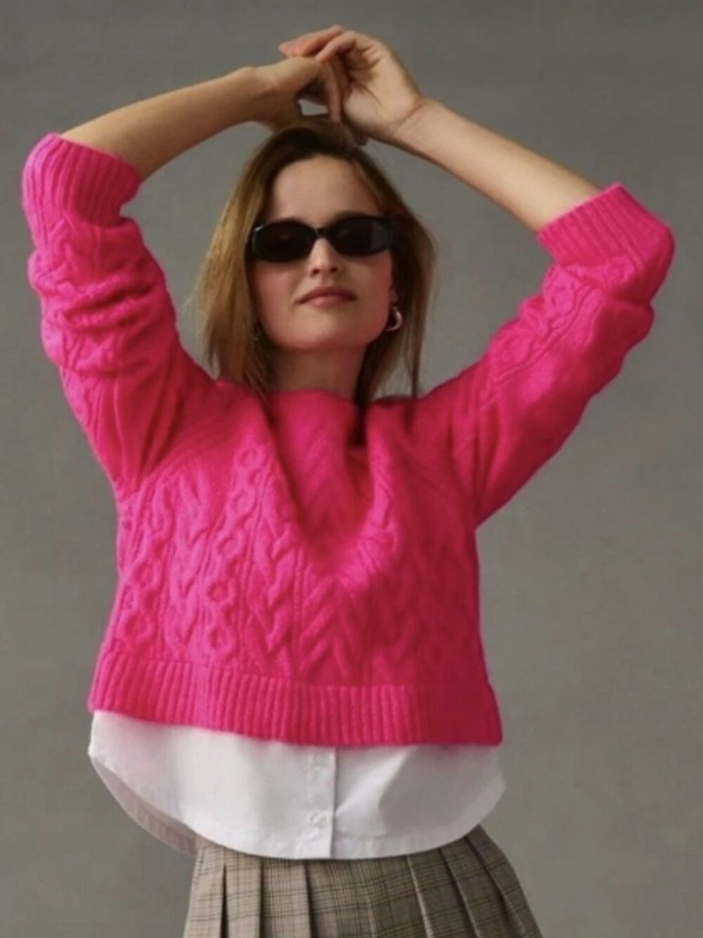 MAEVE by Anthropologie Cable Knit Hot Pink Sweater Women's Long Sleeve XL NWOT
